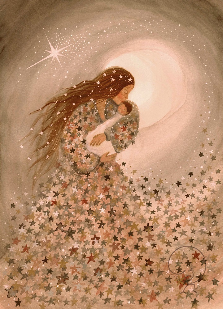 61827F39-A87E-4666-A74B-AB7D811CD541 Gemälde, Frau mit Kind, lange braune Haare, Sternenmuster-Kleid, umgeben von Sternen, sanfte Farbtöne, warme Atmosphäre.