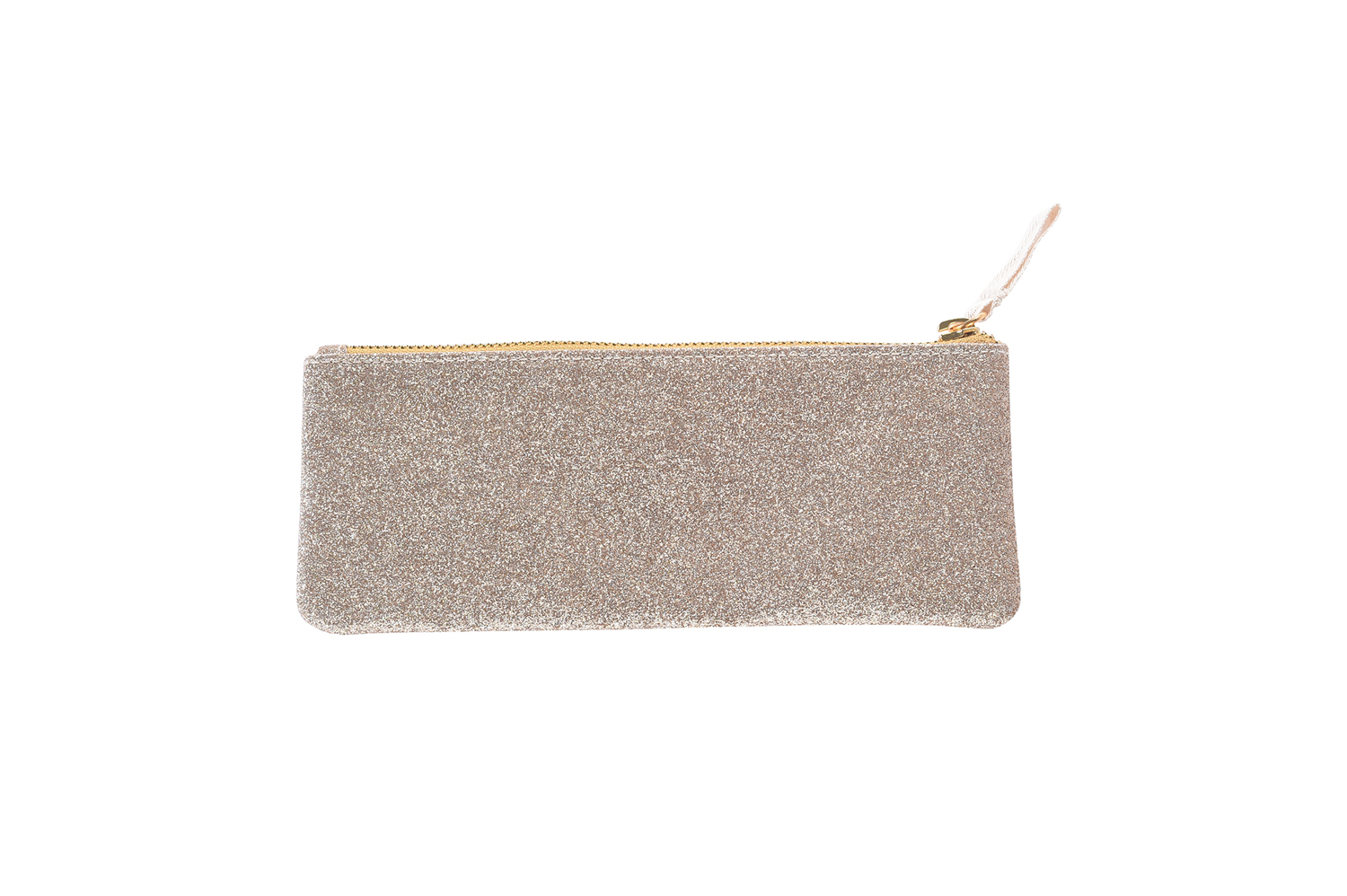 OUSTINA_4 Clutch, goldfarben, Glitzerstoff, rechteckig, Reißverschluss, kleine Schlaufe.