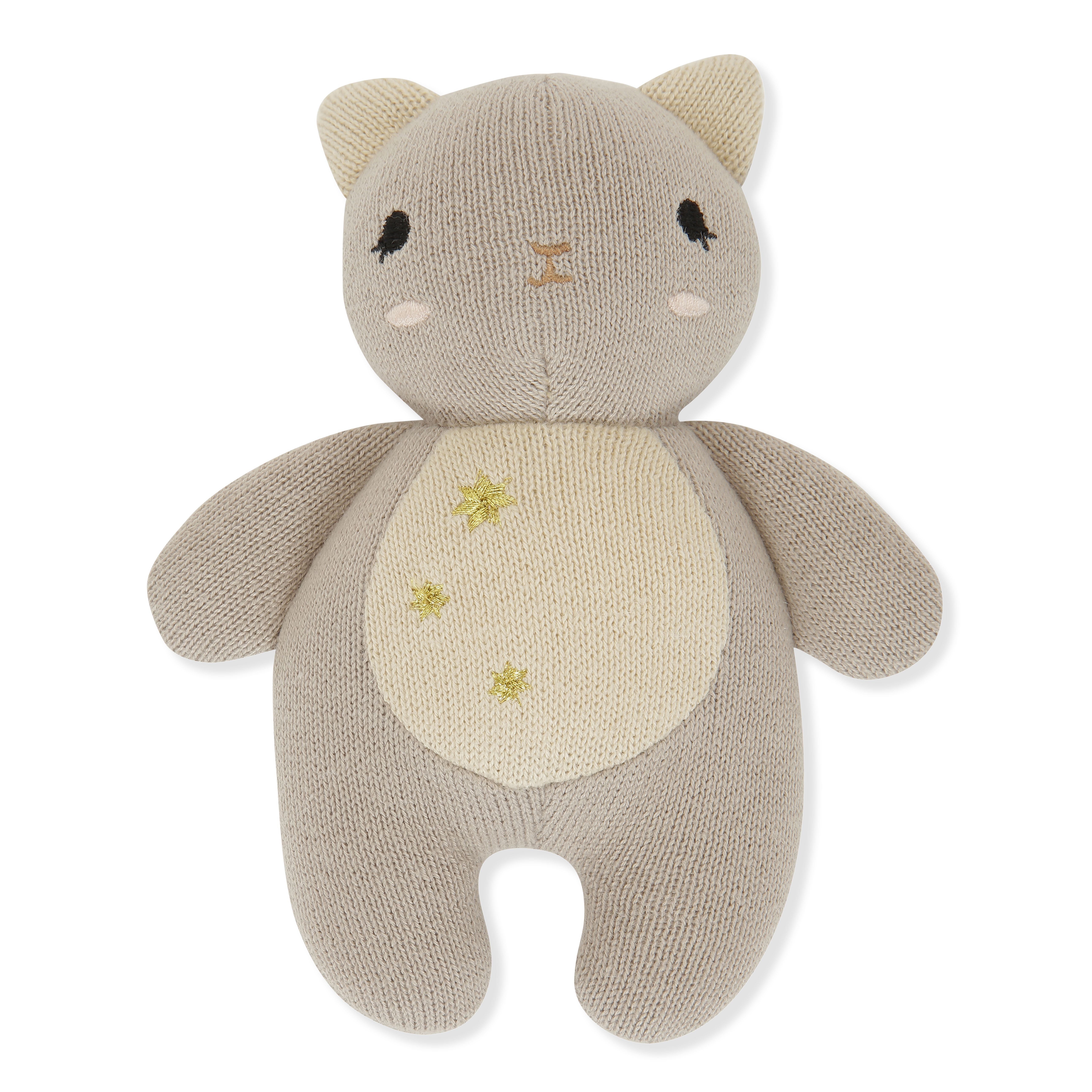 KS3132-MINI-KITTY-WARM-GREY-Main Stofftier, Katze, beige, gestrickter Look, cremefarbener Bauch, goldene Stern-Aufnäher, aufgestickte Gesichtszüge.