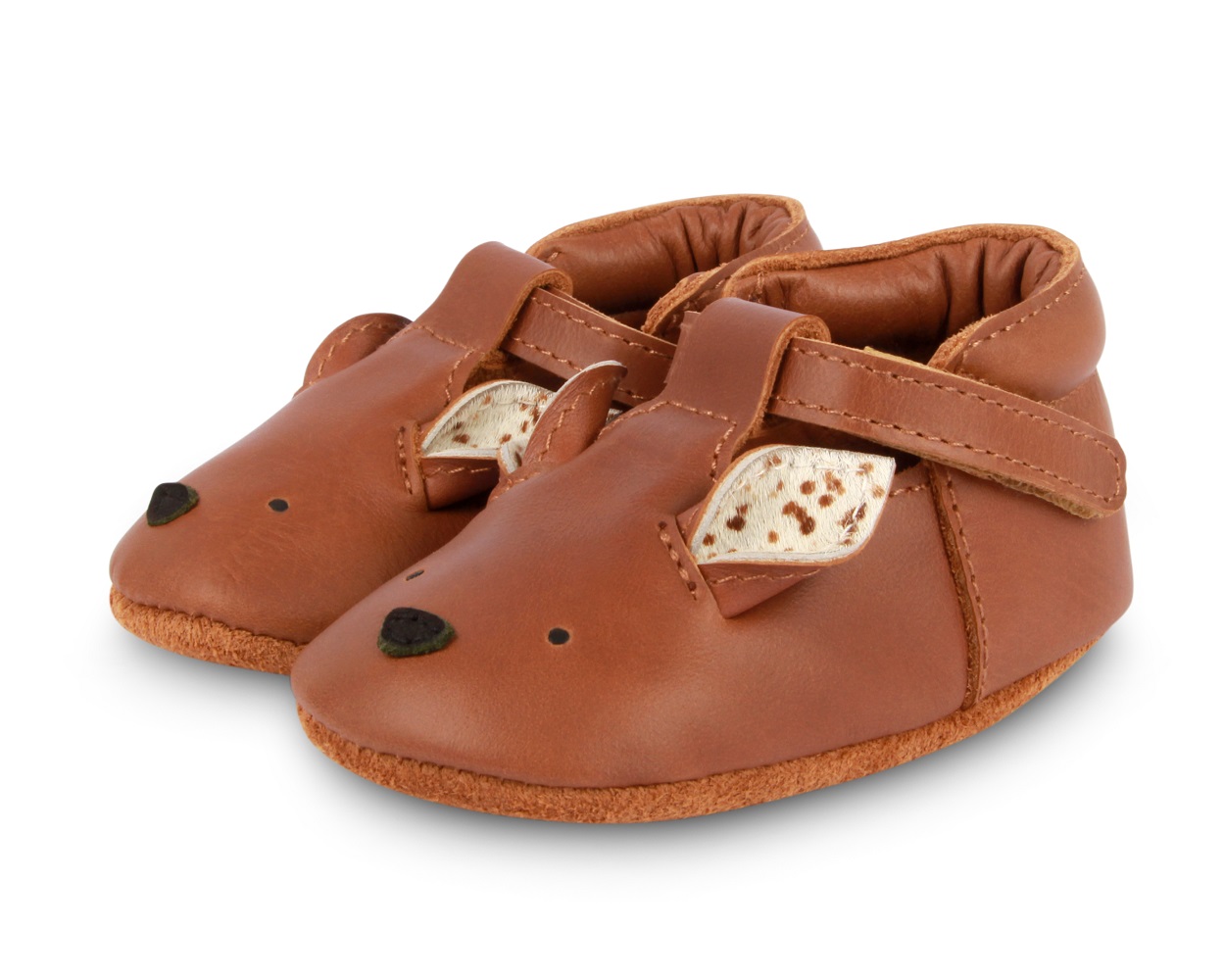 1004002_PU003_1 Babyschuhe, braun, Lederoptik, Klettverschluss, Ohrenapplikation, Tiergesichtmotiv.