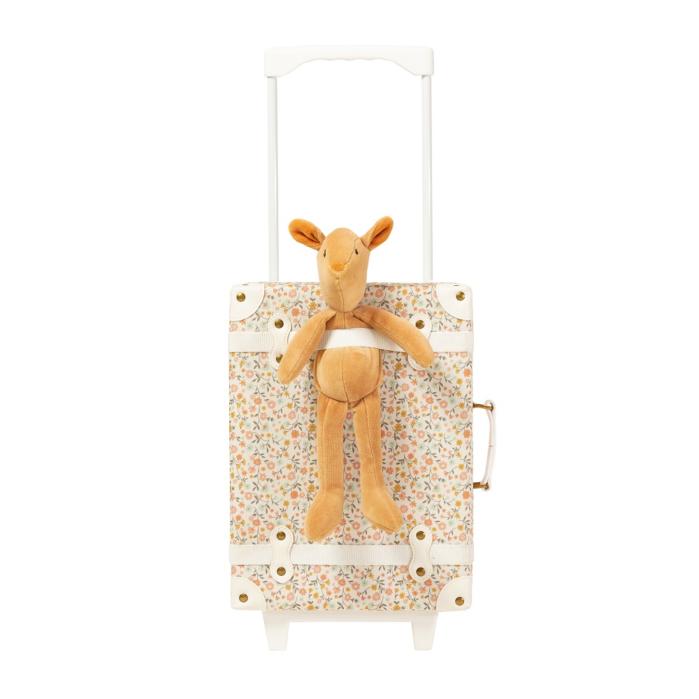 See-Ya-Prairie-Floral-05 Kinderkoffer mit Teleskopgriff, floral bedruckt, Plüschhase befestigt, cremefarbene Riemen.