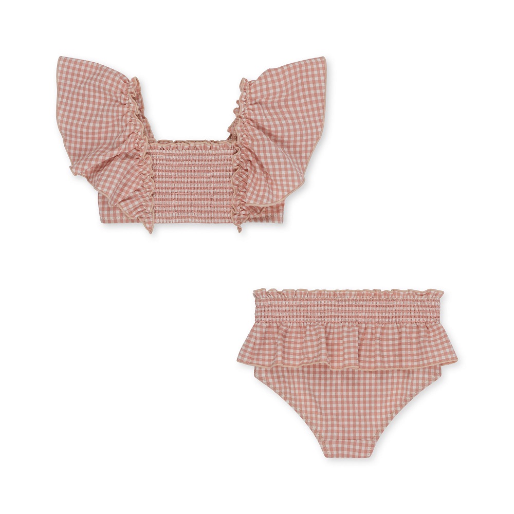 Bikini-Set, rosa-weiß kariert, Oberteil mit Rüschenärmeln, hoher Bund mit Rüschen am Slip.