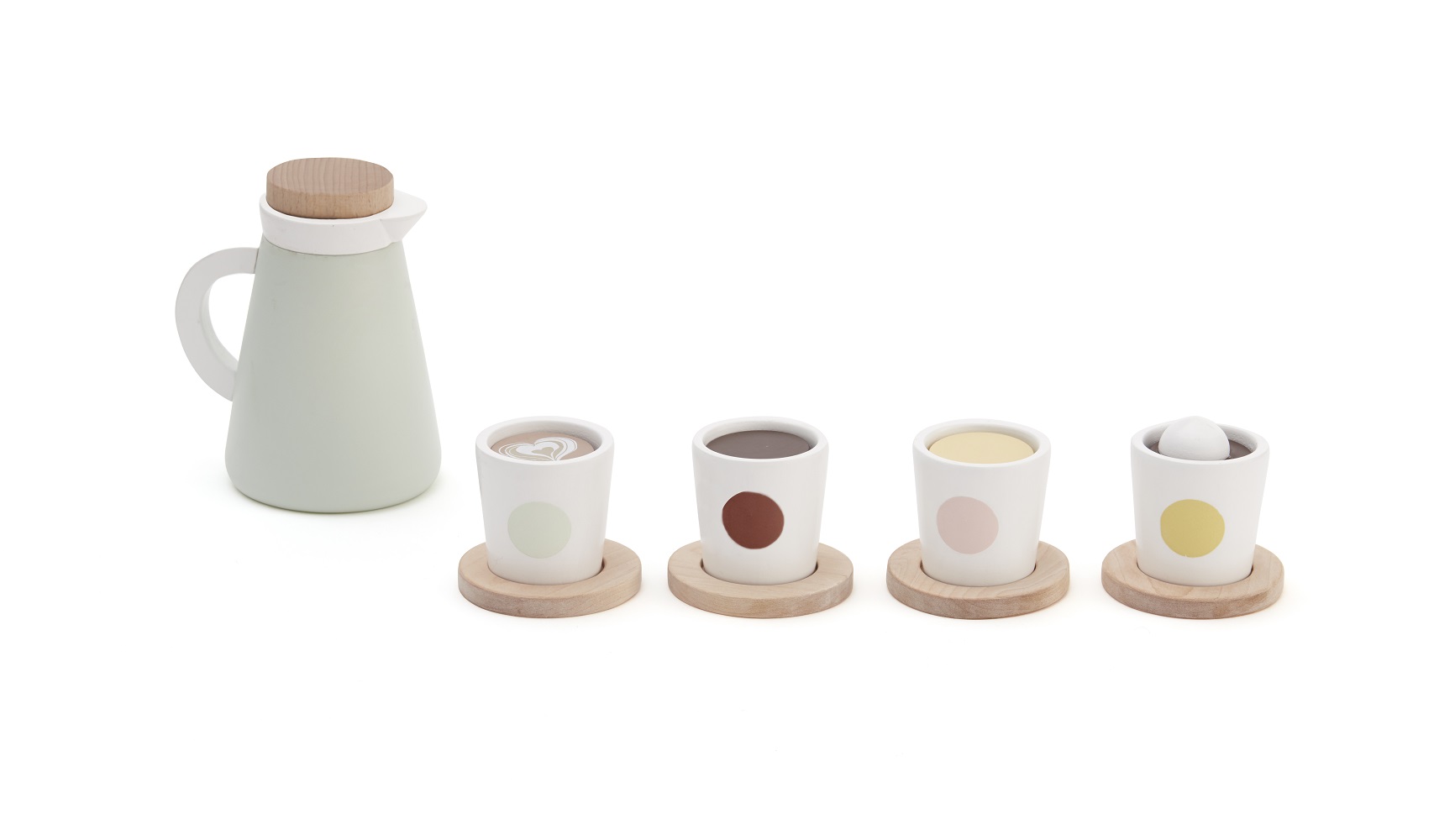 1000270 Spielzeug-Set aus Teekanne und vier Tassen, Pastellfarben, Holzkorken, Tassen mit Aufdruck: grüner, brauner, rosa, gelber Punkt, runde Holzuntersetzer.