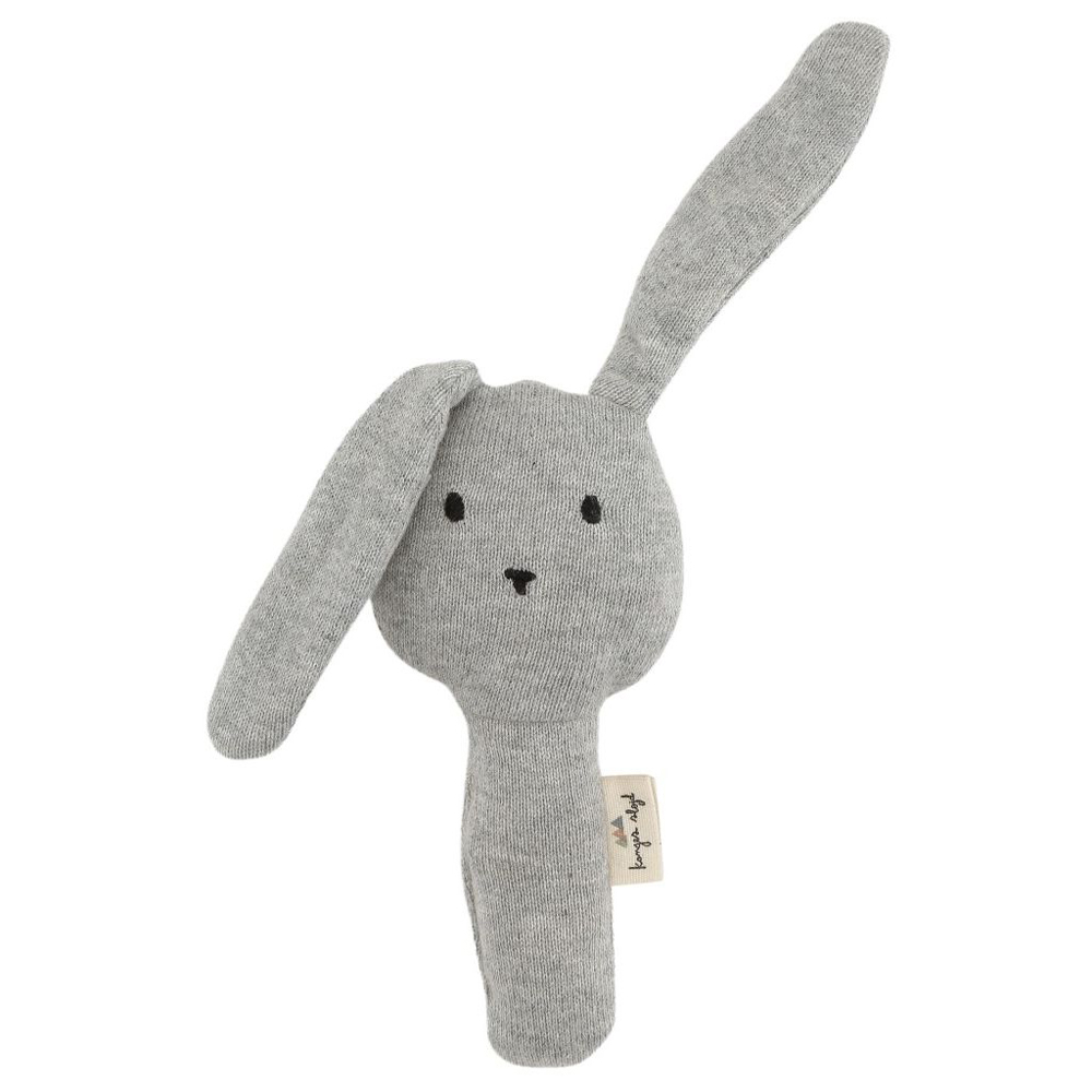 16147-GREY-MELANGE-Main Plüschtier, grau, Häschenform, lange Ohren, kleiner Gesichtsausdruck, weiches Material, Etikett an der Seite.