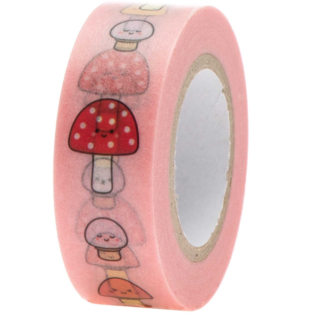 99001-53-04_1 Rosa Washi Tape mit niedlichem Pilzaufdruck, verschiedene Gesichter, kleine weiße Punkte, Dekoration, Basteln.