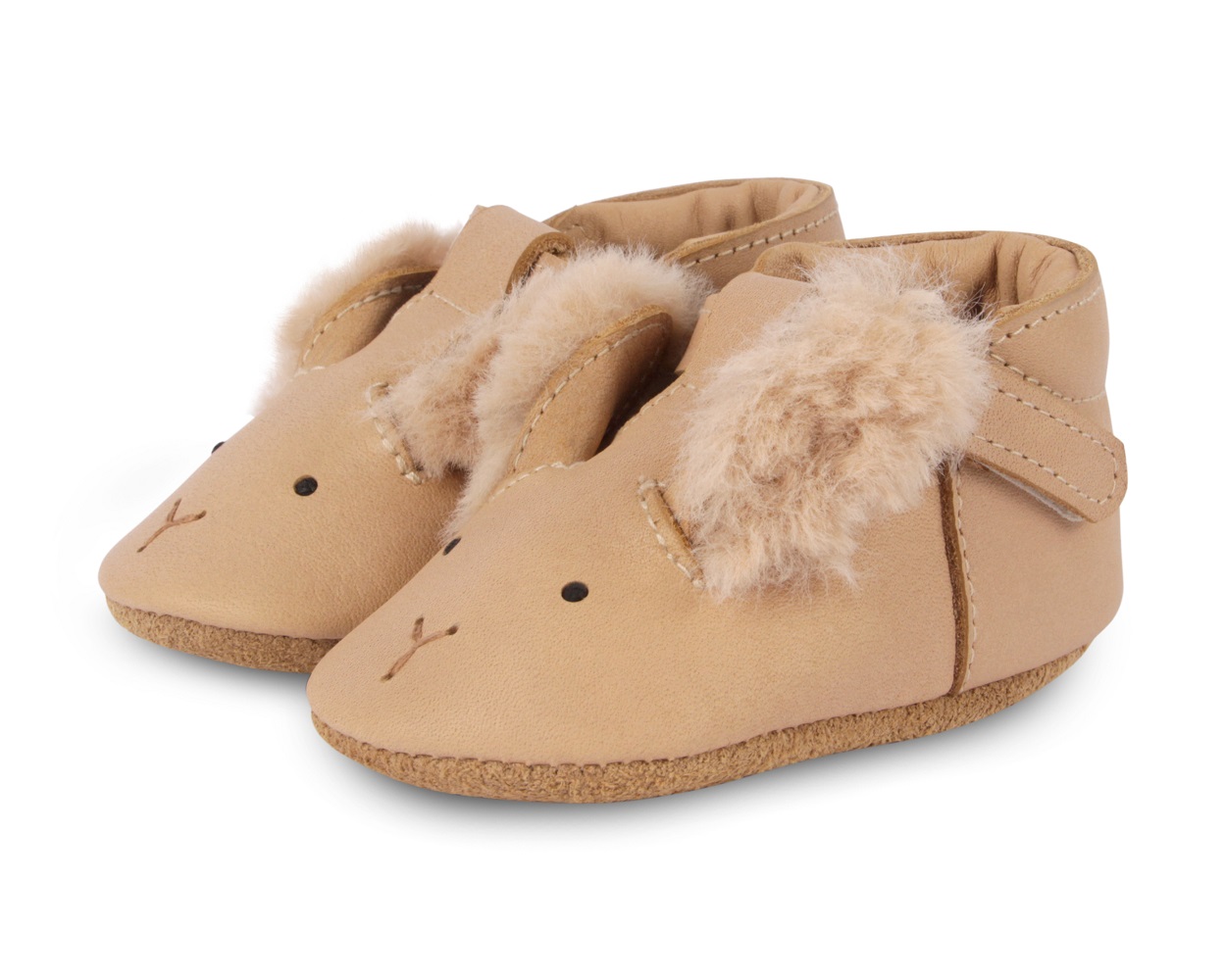 1004006_BL168_1 Babyschuhe, beige, Hasengesichter-Aufdruck, Plüschohren, Klettverschluss, weiche Sohle
