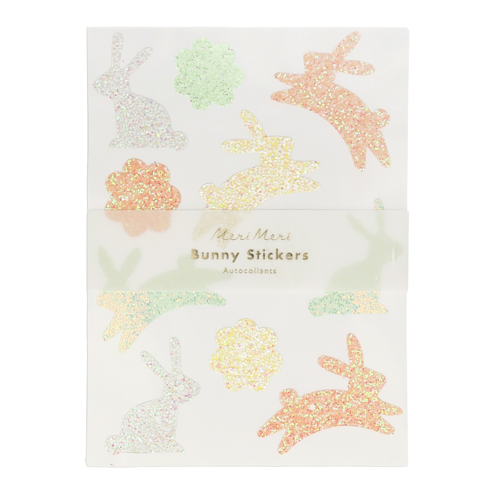 199677a Sticker-Set, Glitzerhasen, pastellfarben, Formen von Hasen und Blumen, Marke Meri Meri, Verpackung transparent.