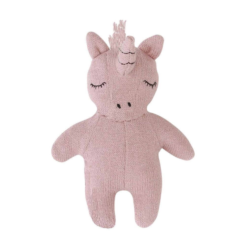 17610-ROSE-FAWN-Main Stofftier Einhorn, rosa, gestrickt, geschlossene Augen, Knopfdetails.