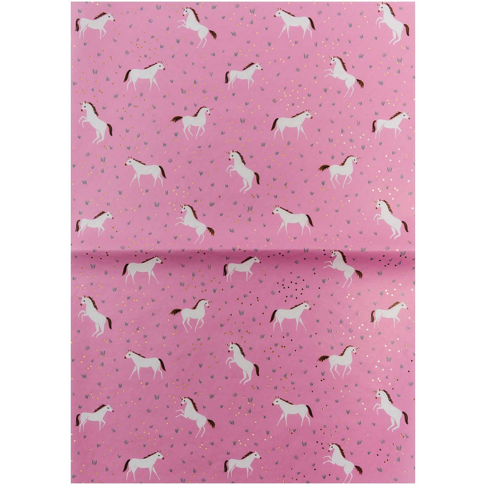 7009-195_1 Geschenkpapier, rosa Hintergrund, weiße Einhörner mit goldener Mähne, bunte Blumen und Punkte.