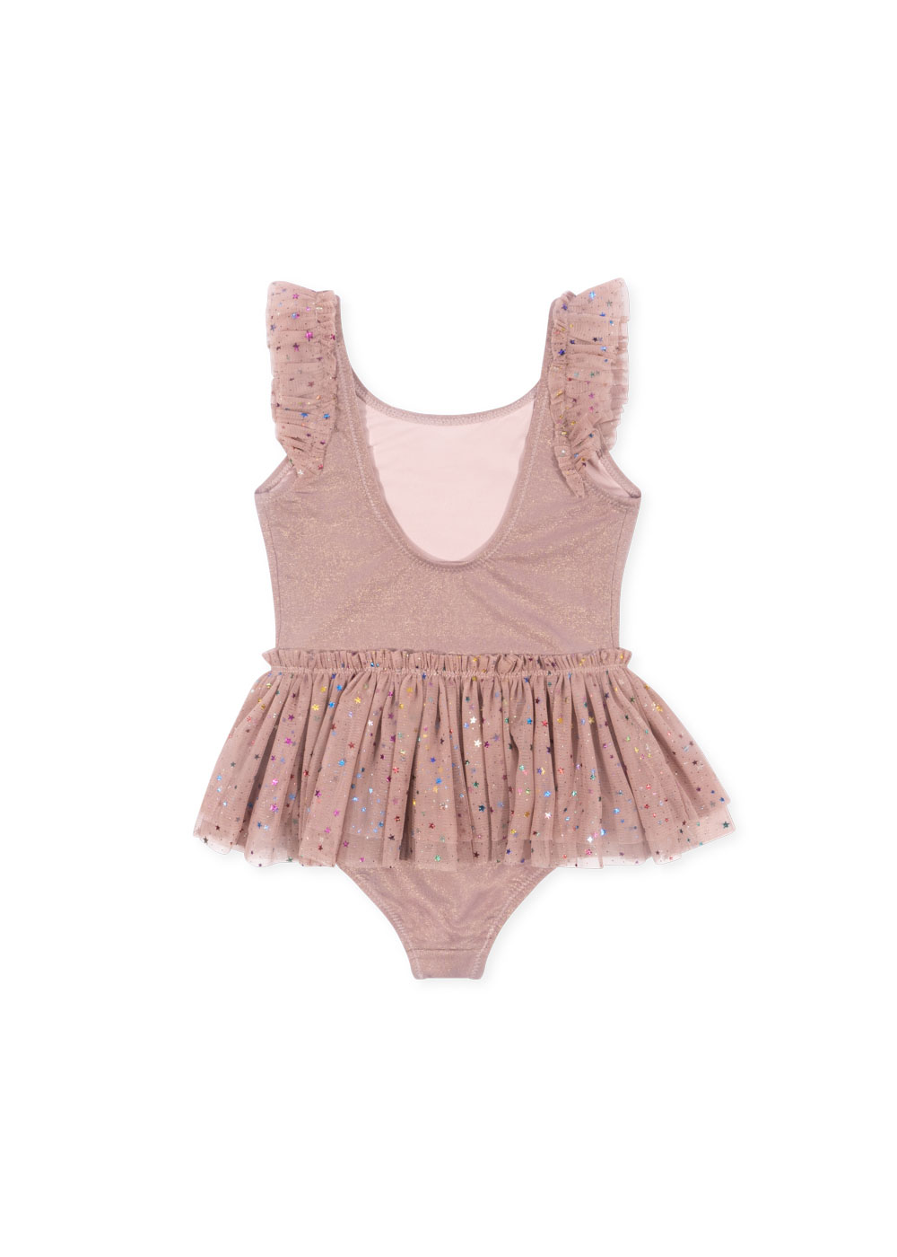 Kinder-Body, rosa, Tüllrock, Glitzer, bunte Sternchen, Rüschenärmeln, Rückenausschnitt.