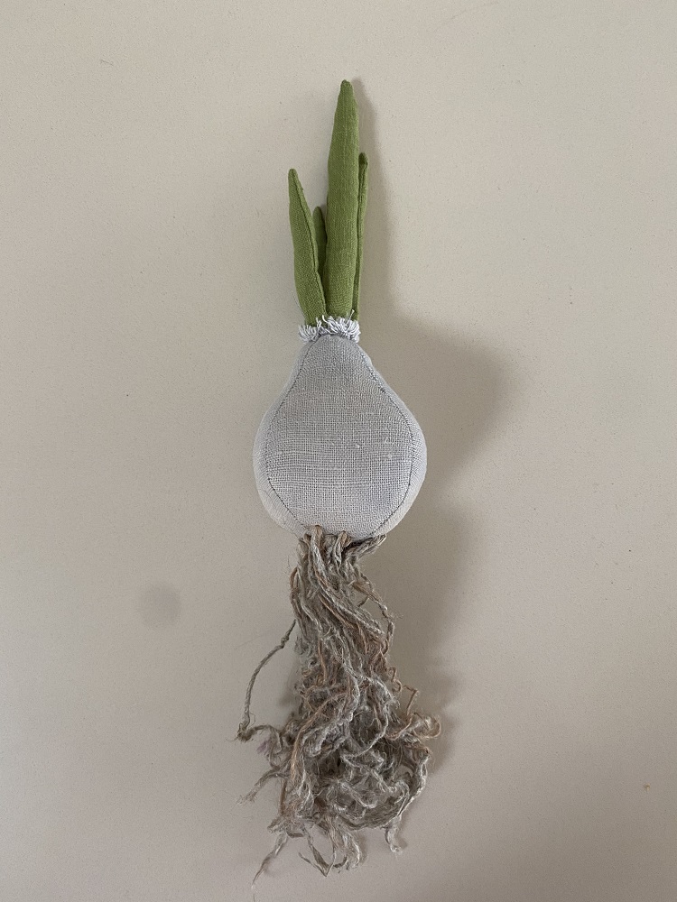 IMG_1298 Dekorative Stoffzwiebel, grüne Blätter, beige Zwiebelkörper, langes, verworrenes Wurzelgeflecht.