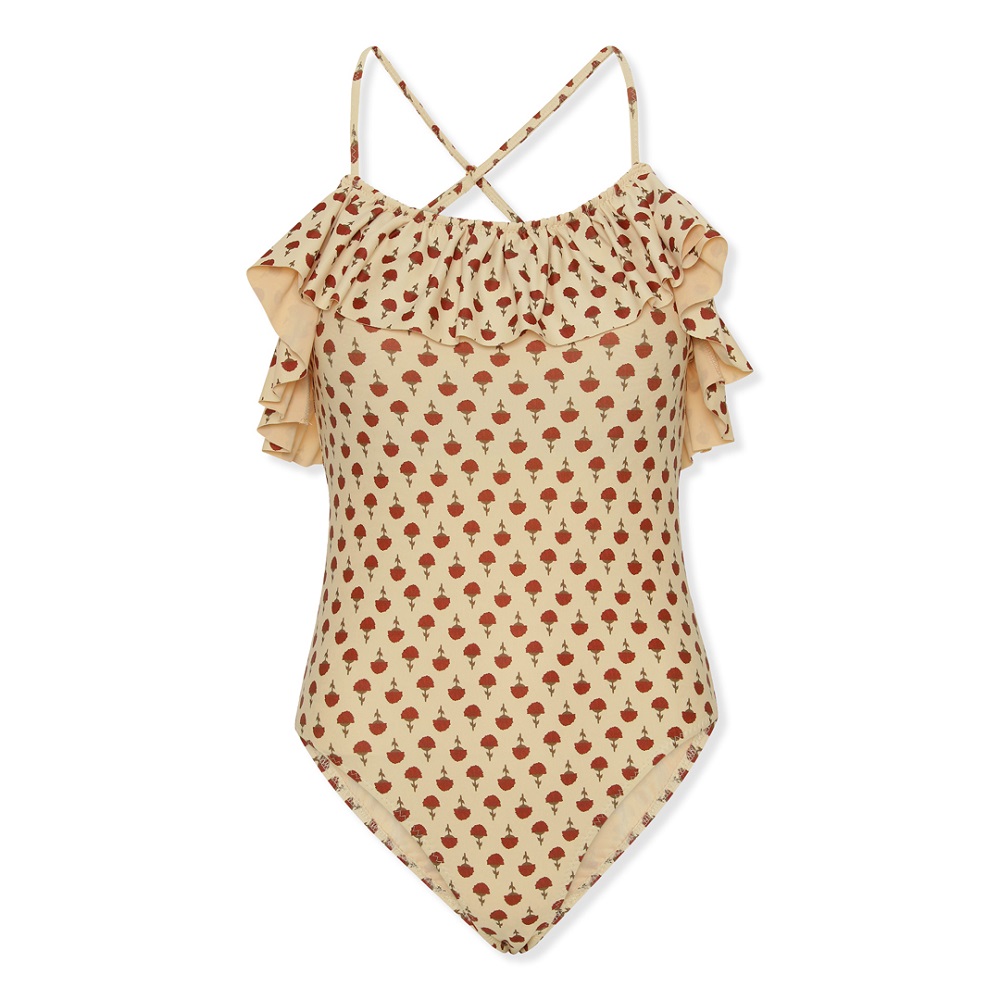 Badeanzug, beige, rot-orange Eichelmuster, Rüschenkragen, überkreuzte Träger.