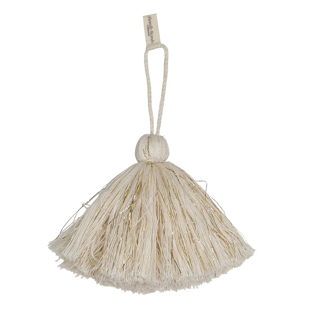 Tassel-Raw Dekoration Quaste beige, aus Naturfaser, Schlaufe mit Etikett, schlichtes Design.
