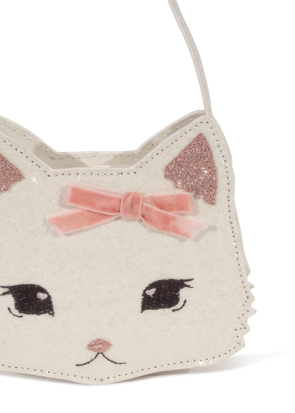 Handtasche in Katzenform, weiß, glitzernde Ohren, rosa Schleife, gesticktes Katzengesicht, Trageriemen.