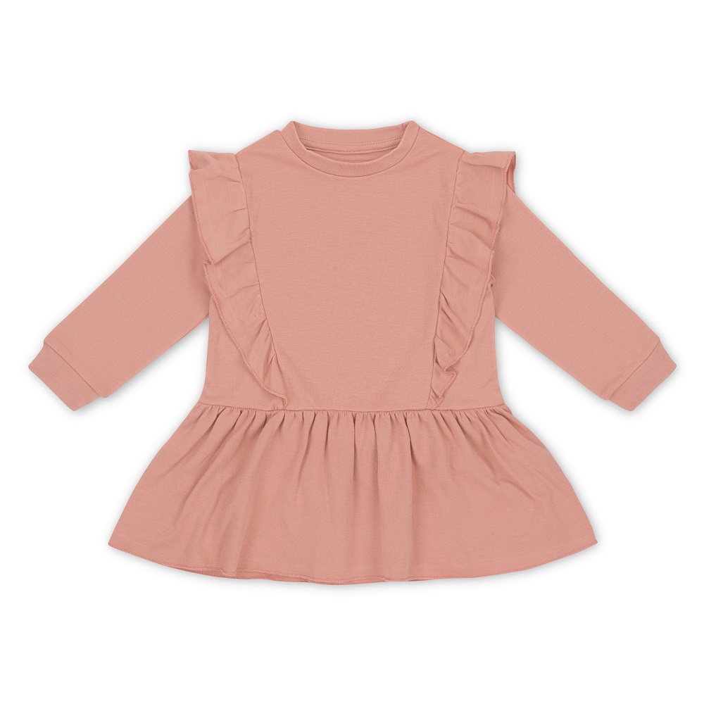 Kleid, altrosa, langärmlig, Rüschenärmel, Rundhalsausschnitt, ausgestellter Rock.