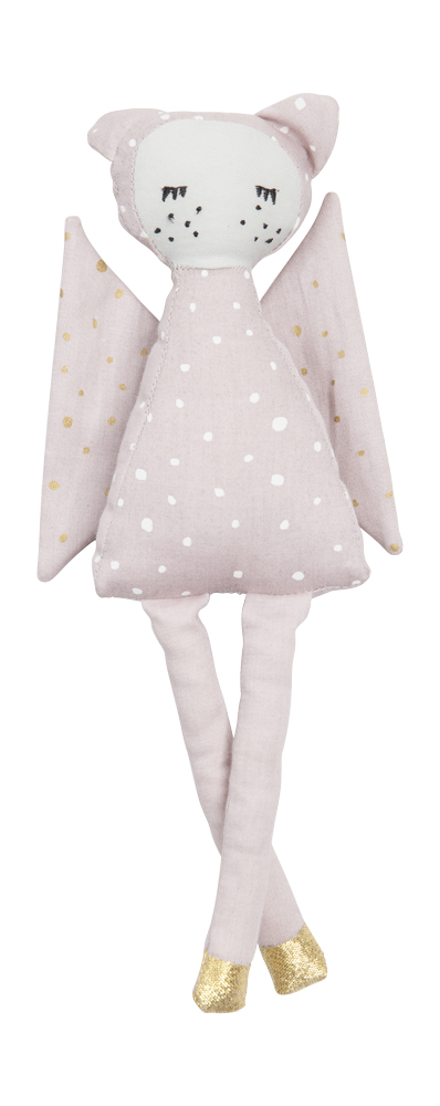 Fairy-friend Stoffpuppe, pastellrosa, Punkte und goldene Details, Flügel, langen Beine, minimalistische Gesichtszüge.