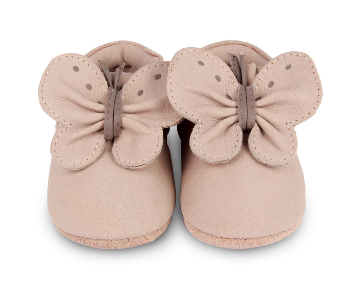 1011000_NL128_3 Babyschuhe, beige, weiches Material, Schmetterlingsapplikation, geschlossene Form.