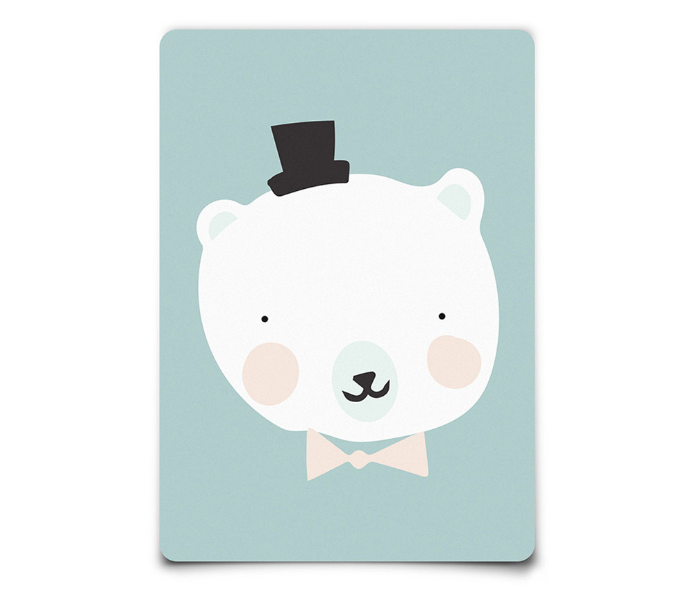 kaarten-mr-polar Poster, Eisbär-Motiv, mintgrüner Hintergrund, schwarzer Zylinder, rosa Fliege, runde Ecken.