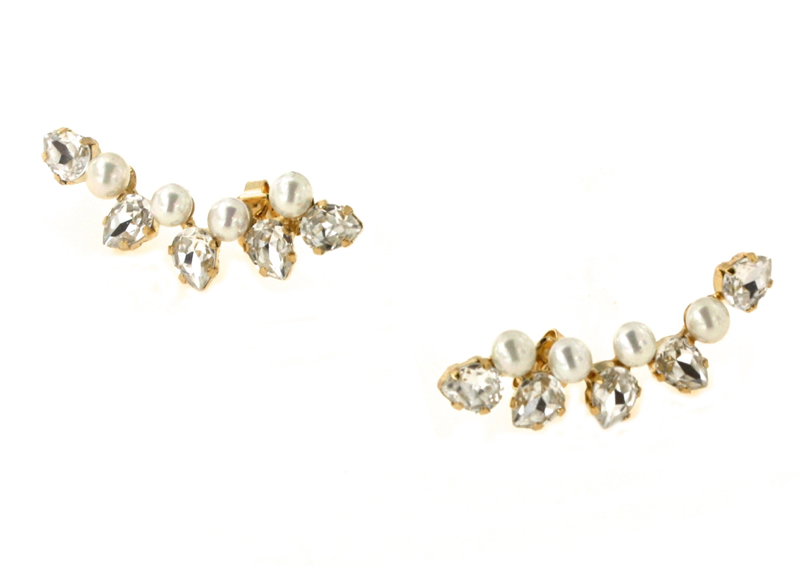 e-br197-g Ohrringe, goldfarben, Perlen und klare Kristalle, Tropfendesign