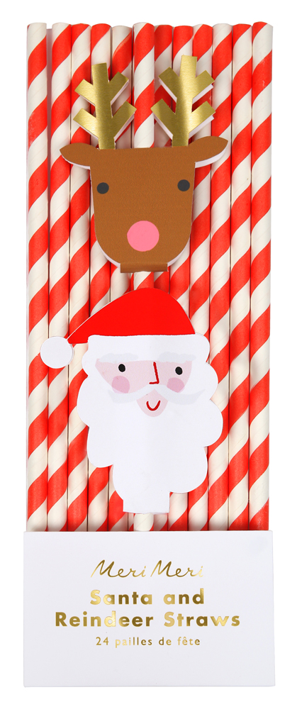 45-2928 Papierstrohhalme rot-weiß gestreift, Dekoration aus Rentier und Weihnachtsmann aus Pappe, Verpackung mit goldener Schrift, Marke Meri Meri.