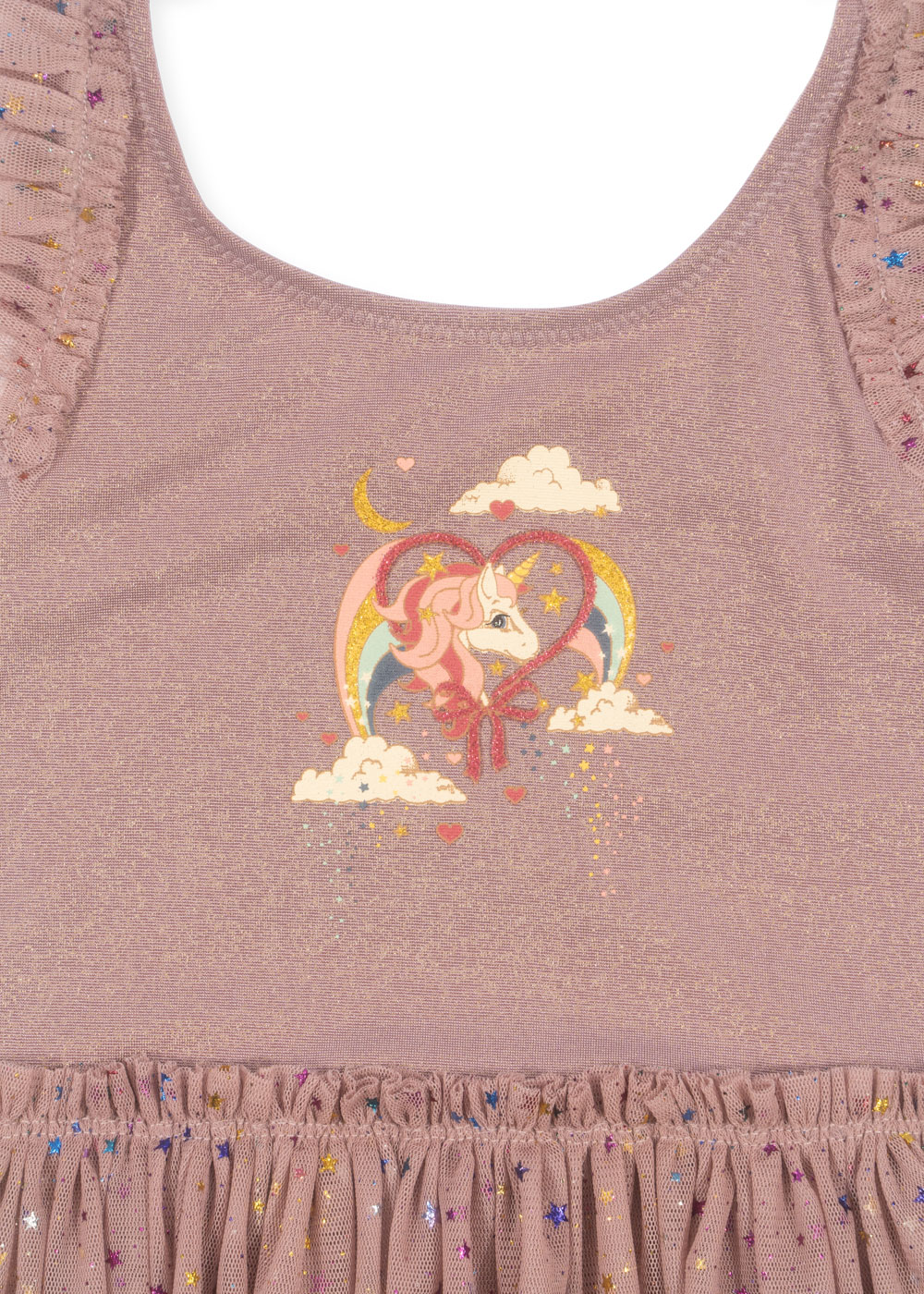 Kinderkleid, rosa, Einhorn-Aufdruck, Regenbogen, Schleifenmotiv, glitzernde Rüschen, bunte Sterne.