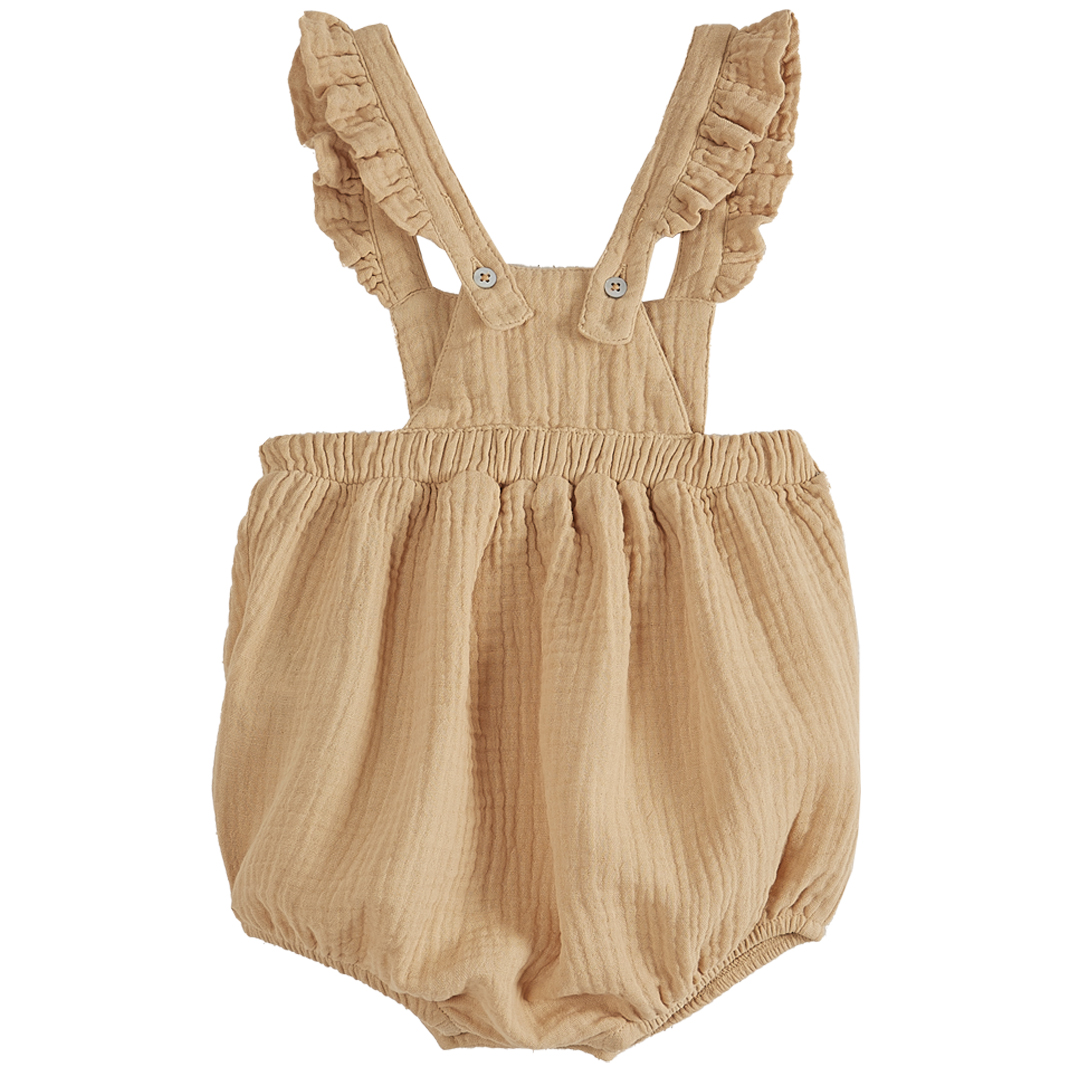 U017-bebe-fille-combinaison-gaze-coton-volant-beige-emile-et-ida-dos Baby-Strampler, beige, Rüschen-Träger, Knopfverschluss, leichte Musselin-Textur.