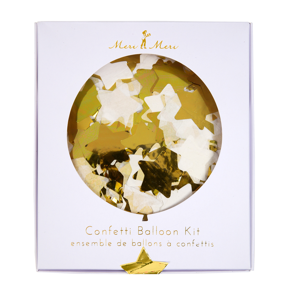 45-2472 Verpackung Confetti Balloon Kit, goldene und weiße Stern-Konfetti, runde Sichtöffnung, Logo oben, keine Pflanzen oder Dekoration sichtbar.
