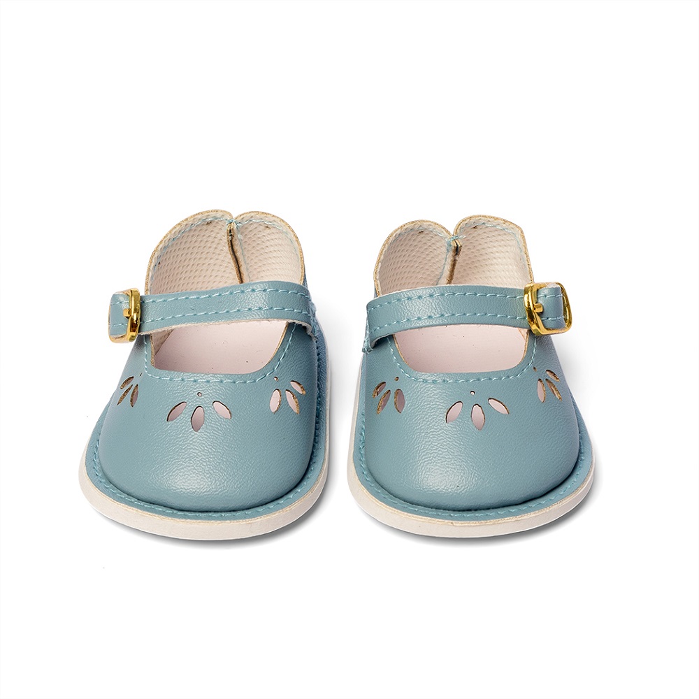 576_b Babyschuhe, blau, aus Kunstleder, Riemen mit goldener Schnalle, Lochmuster vorne, cremefarbene Sohle.