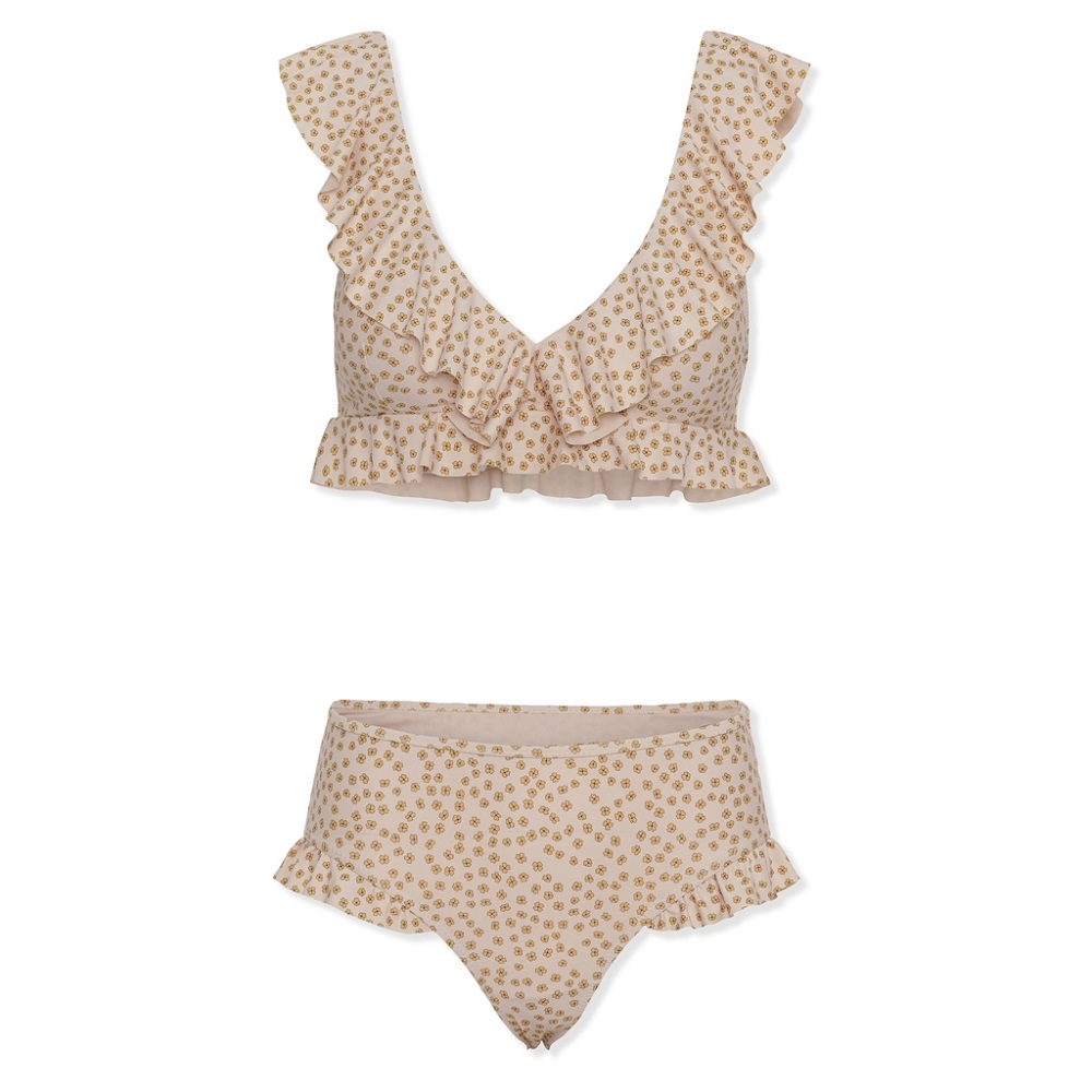 1024x1024-84a79d9ea3c4c2af8eab39abd52b7891 Bikini-Set, hellbeige, goldene Blumenmuster, Rüschen, Oberteil mit V-Ausschnitt, hoher Bund bei Hose, verspieltes Design.