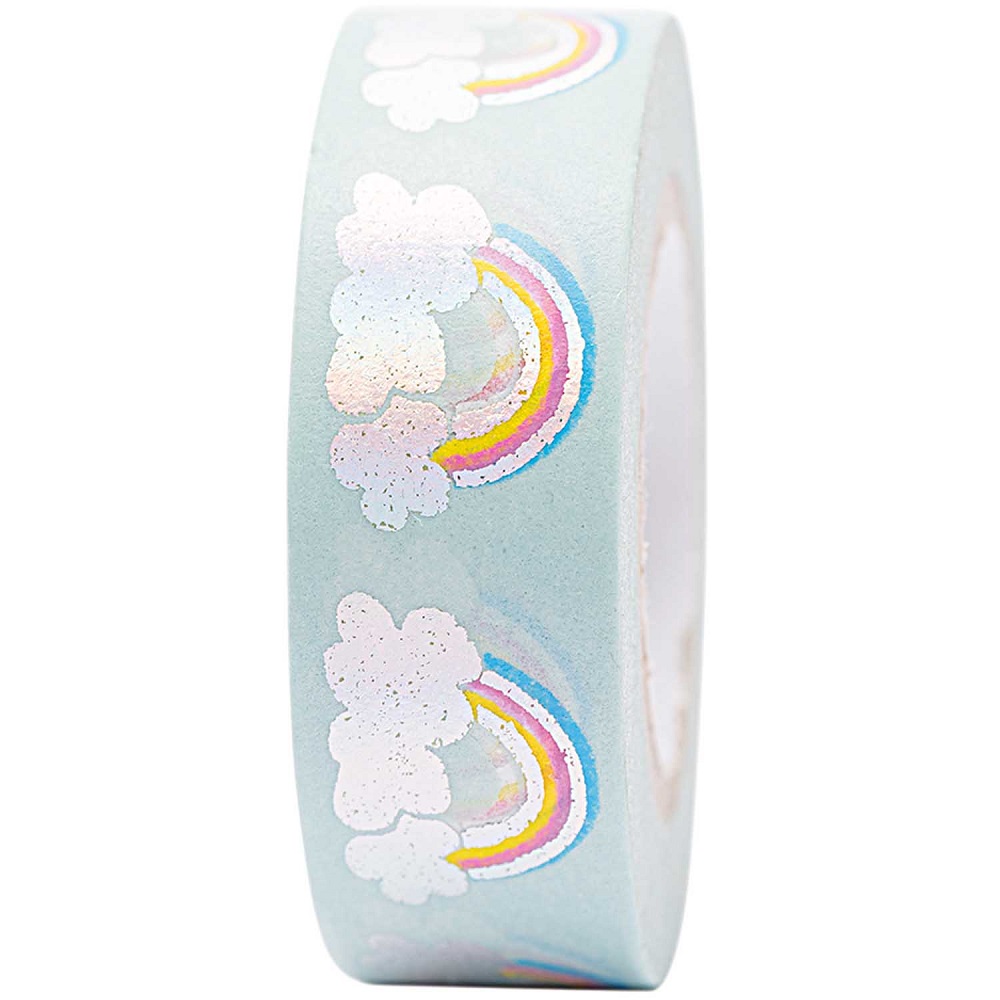 99001-65-04_1 Washi Tape, hellblau, Regenbogenmuster, weiße Wolken, glitzernder Aufdruck.
