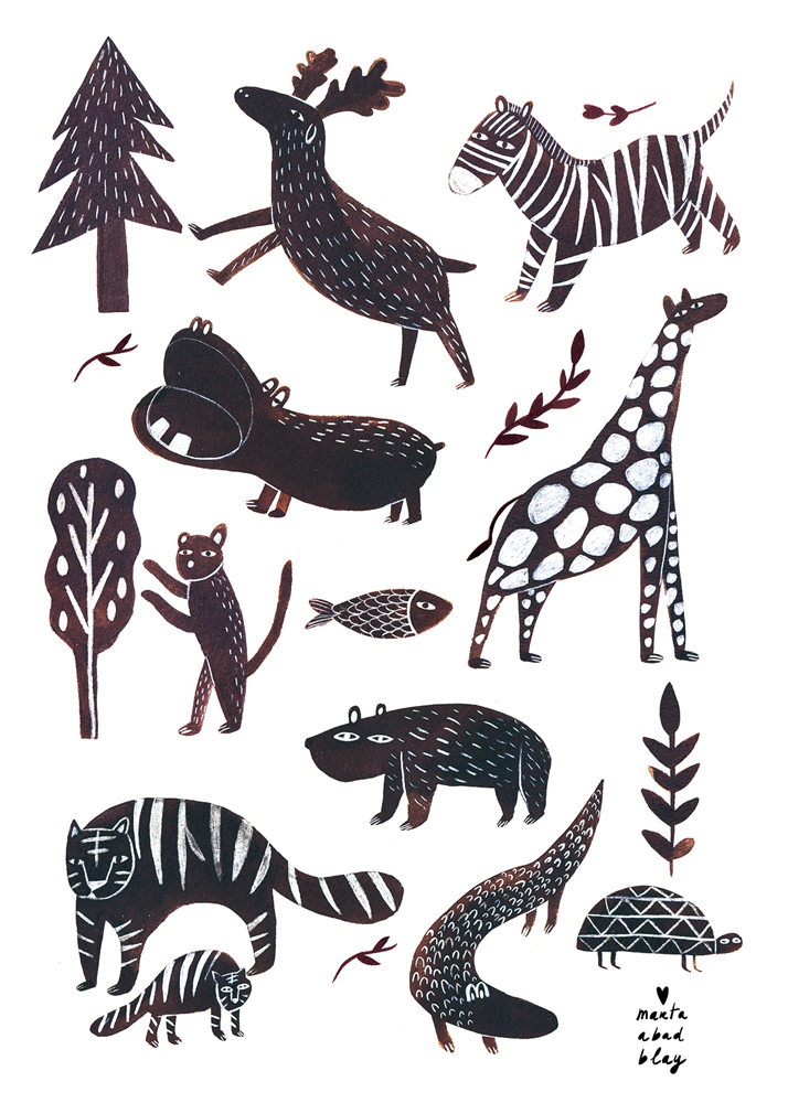 wild_animals_02 Illustration; dunkle Tierfiguren auf weißem Hintergrund; Hirsch, Zebra, Giraffe, Flusspferd, Bär, Krokodil, Schildkröte, Fische, Tiger; geometrische Muster; verspieltes Design.