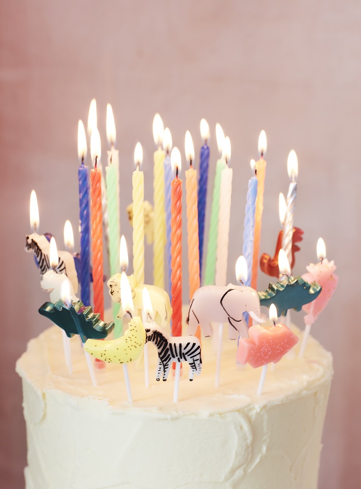 MM20P0060 Kuchen mit brennenden Geburtstagskerzen in Blau, Grün, Gelb, Orange, Rot, Rosa; Tierkerzen in Form von Zebra, Elefant, Krokodil, Schaf; weiße Kuvertüre.