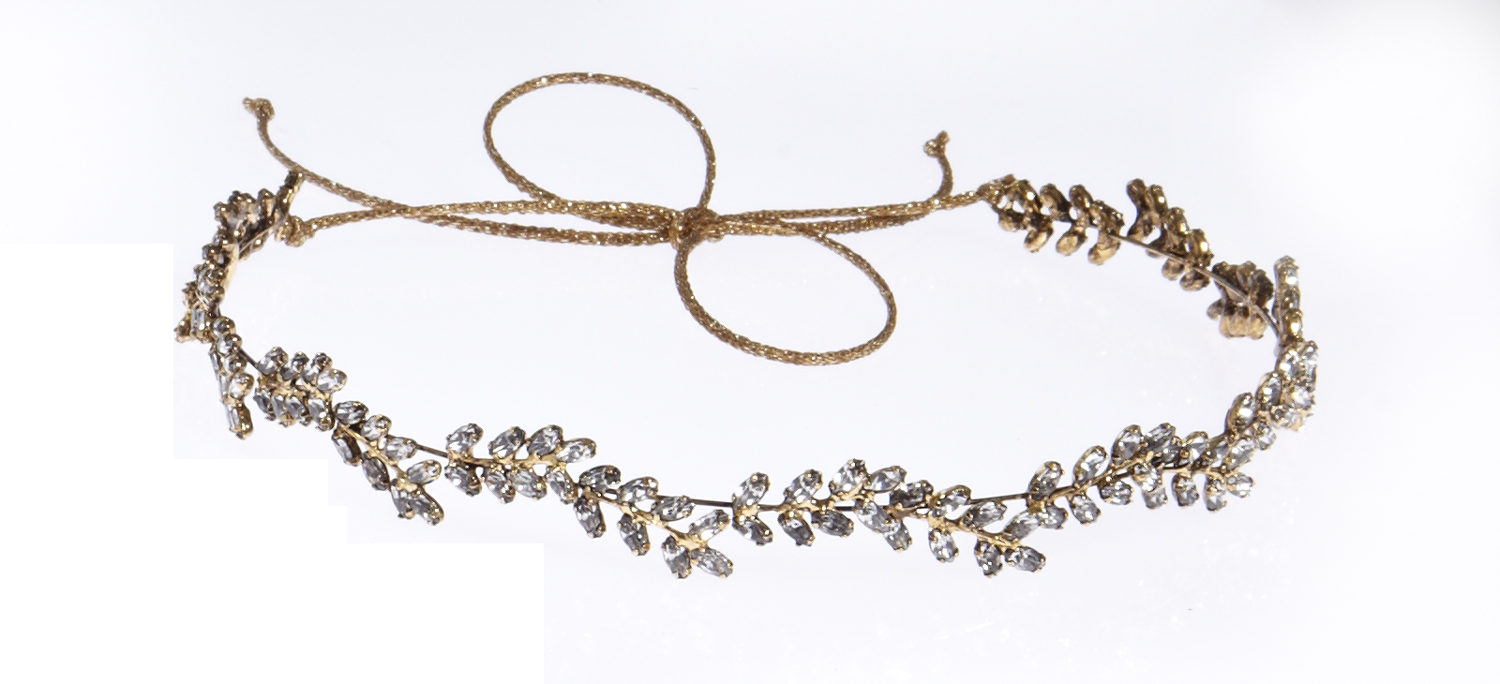50UA1-12S_product_antiquegold_hi Haarband, goldfarben, mit kristallverzierten Blättern, filigranes Design, verstellbare Kordeln.