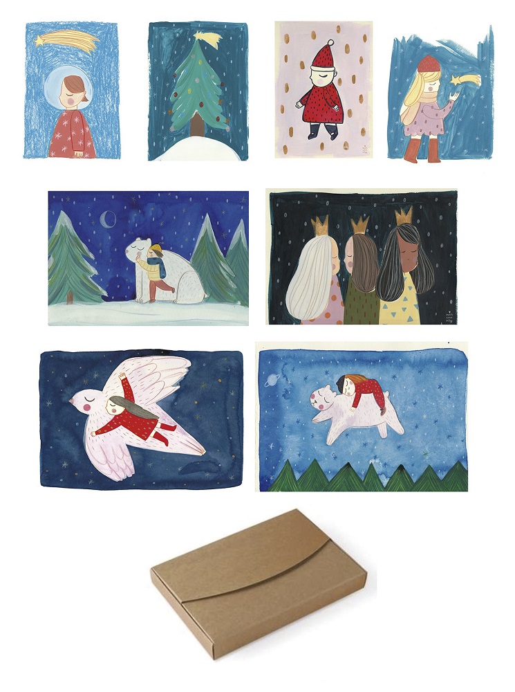 presentacion Postkarten-Set, Illustration Weihnachten, diverse Motive: Kinder, Tiere, Sterne, Nachthimmel, Sterne, Bäume, Geschenkbox, braune Verpackung.