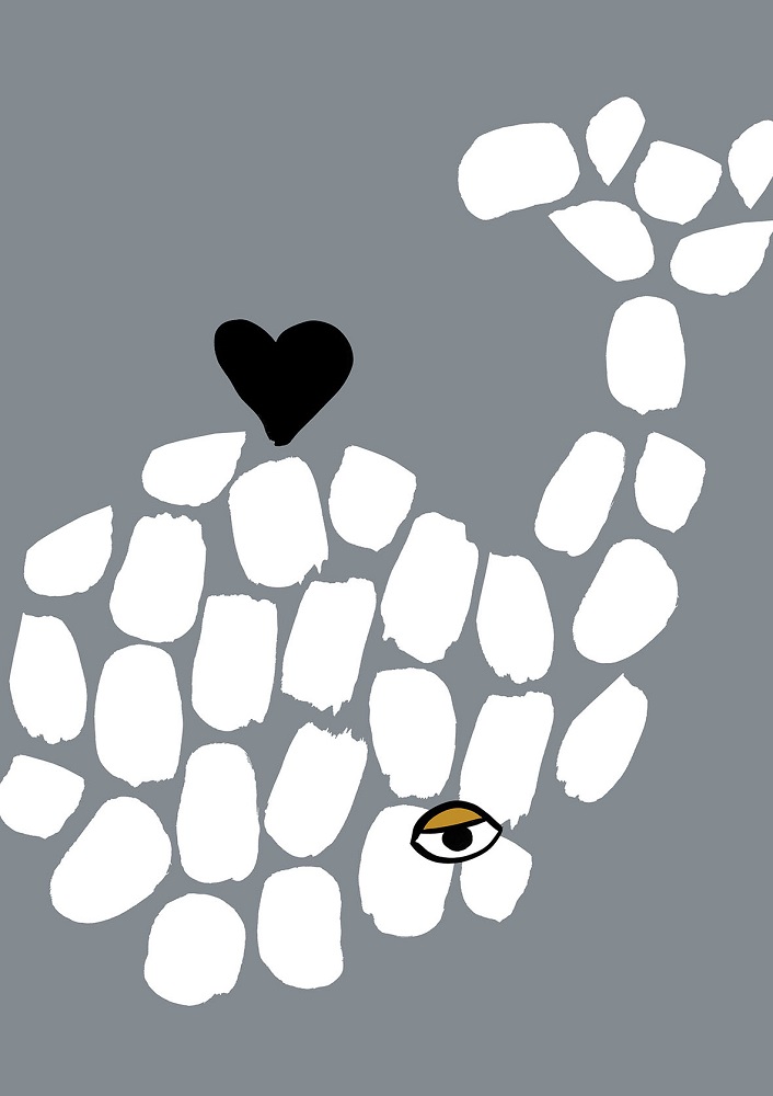 whalelowres Grafikdesign, weißer Wal, grauer Hintergrund, schwarzes Herz, gelbes Auge.