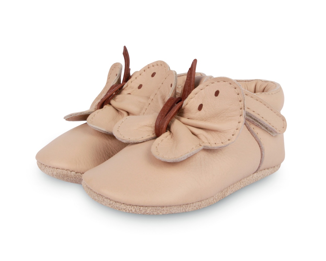 1011000_LE121_1 Babyschuhe, hellbeige, weiches Leder, Schmetterlingsdesign mit Ohren und Fühlern, rutschfeste Sohle.