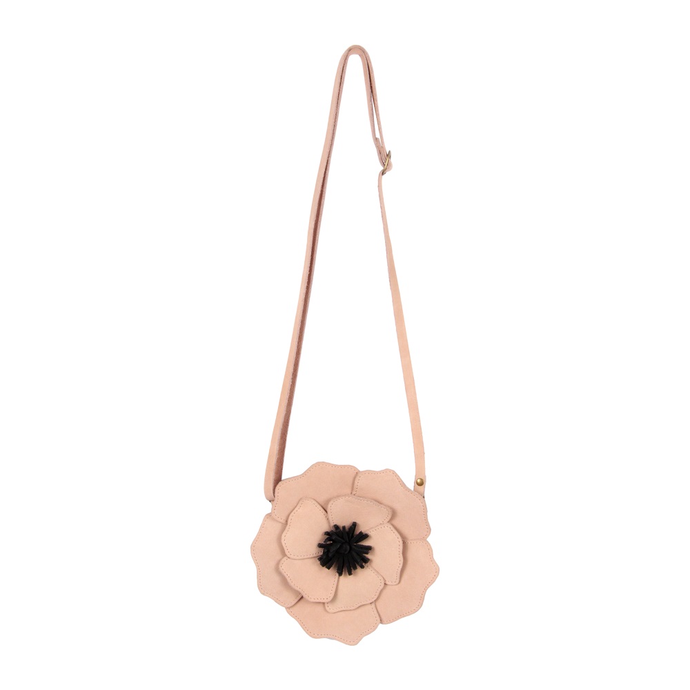 Thysa-purse-Anemone-Full Umhängetasche, blumenförmig, beige, schwarzer Blütenstempel, verstellbarer Schulterriemen.