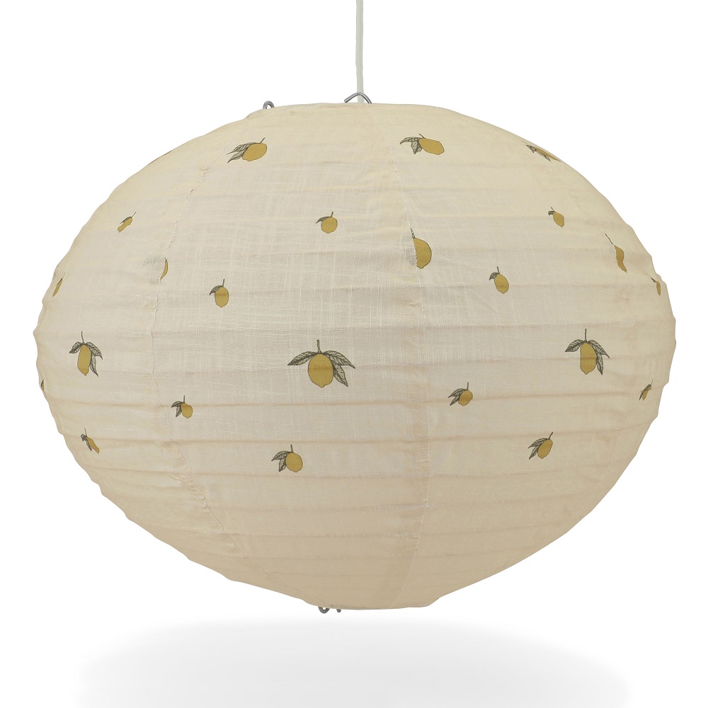 KS1653-LEMON-Extra-1 Papierlaterne, oval, cremefarben, Zitronenaufdruck, hängend.