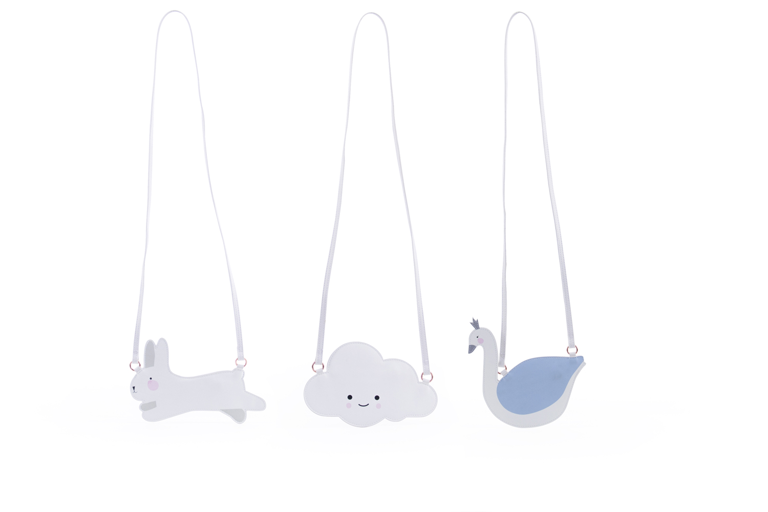 RGR-Eeflillemor-Little-bag-All Drei Kindertaschen, pastellfarben, Hase in Weiß, Wolke in Weiß mit Gesicht, Schwan in Blau-Weiß, jeweils mit langem Umhängegurt.