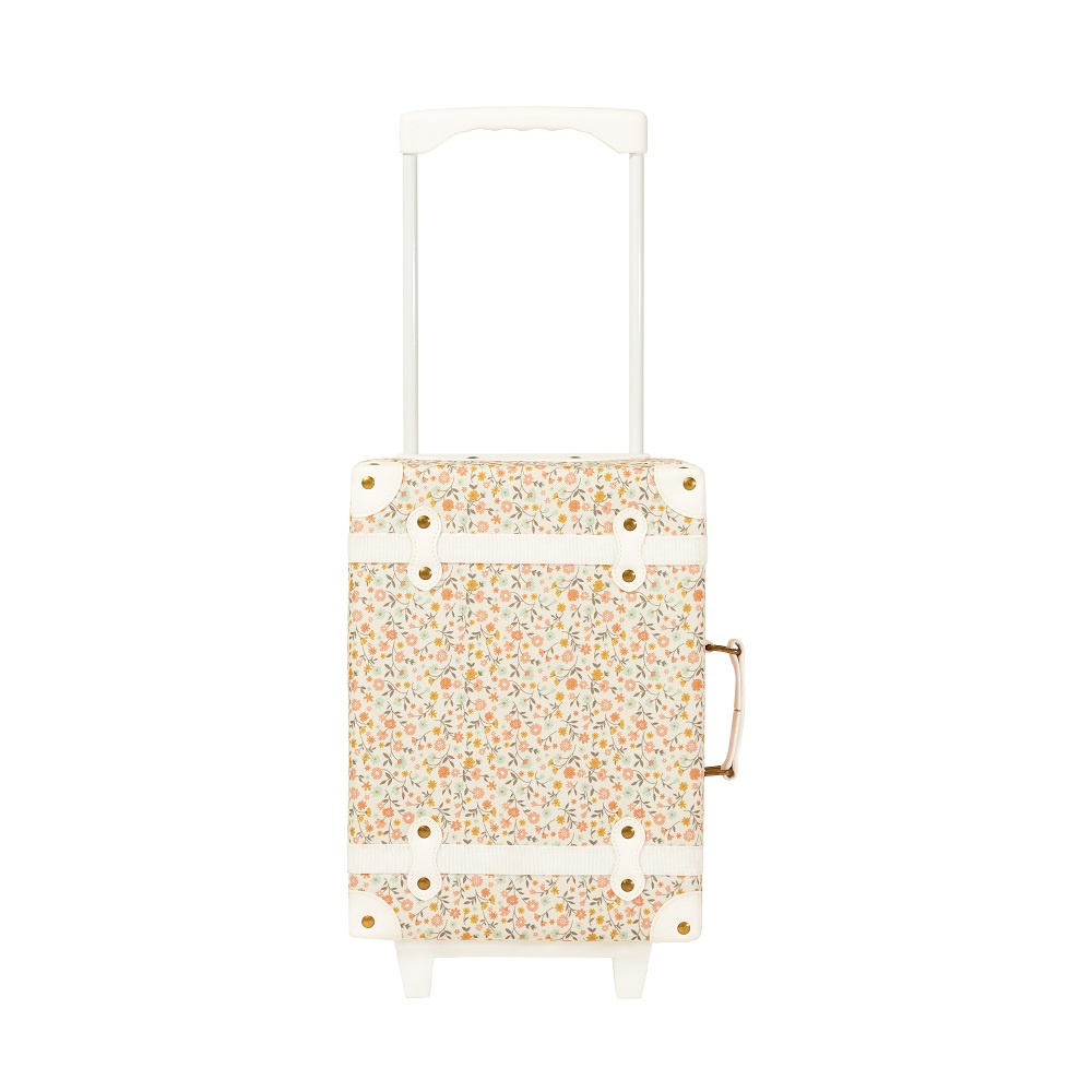 See-Ya-Prairie-Floral Trolley, cremefarben, Blumenmuster, goldene Nieten, weiße Gurte, teleskopischer Griff, seitlicher Tragegriff.