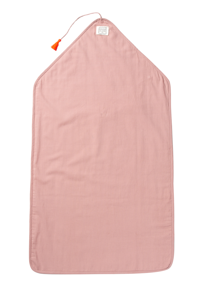 MATELAS-A-LANGER-OISO-PINK-INT Babykapuzenhandtuch, rosa, Quaste an Kapuze, rechteckige Form.