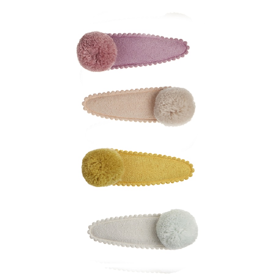 Pom-pom-mabel-clips-802065-79 Haarspangen, vier Farben: rosa, beige, gelb, weiß; mit flauschigem Pompon.
