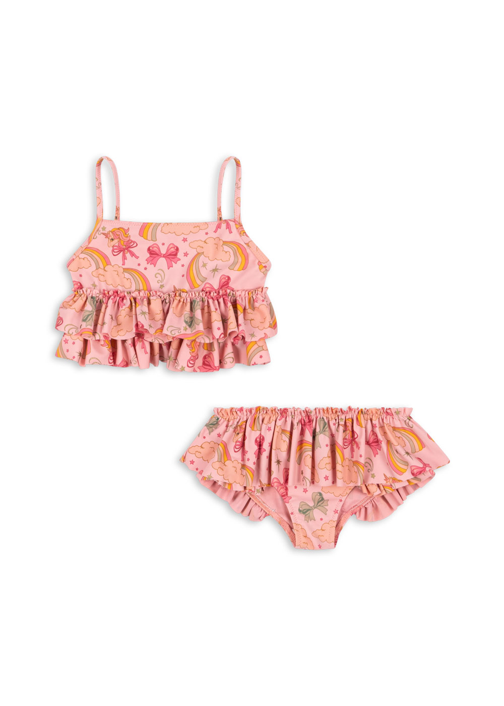Bikini-Set für Kinder, rosa, Regenbogenmuster, Einhörner, Wolken, Sterne, Volants, verstellbare Spaghettiträger.