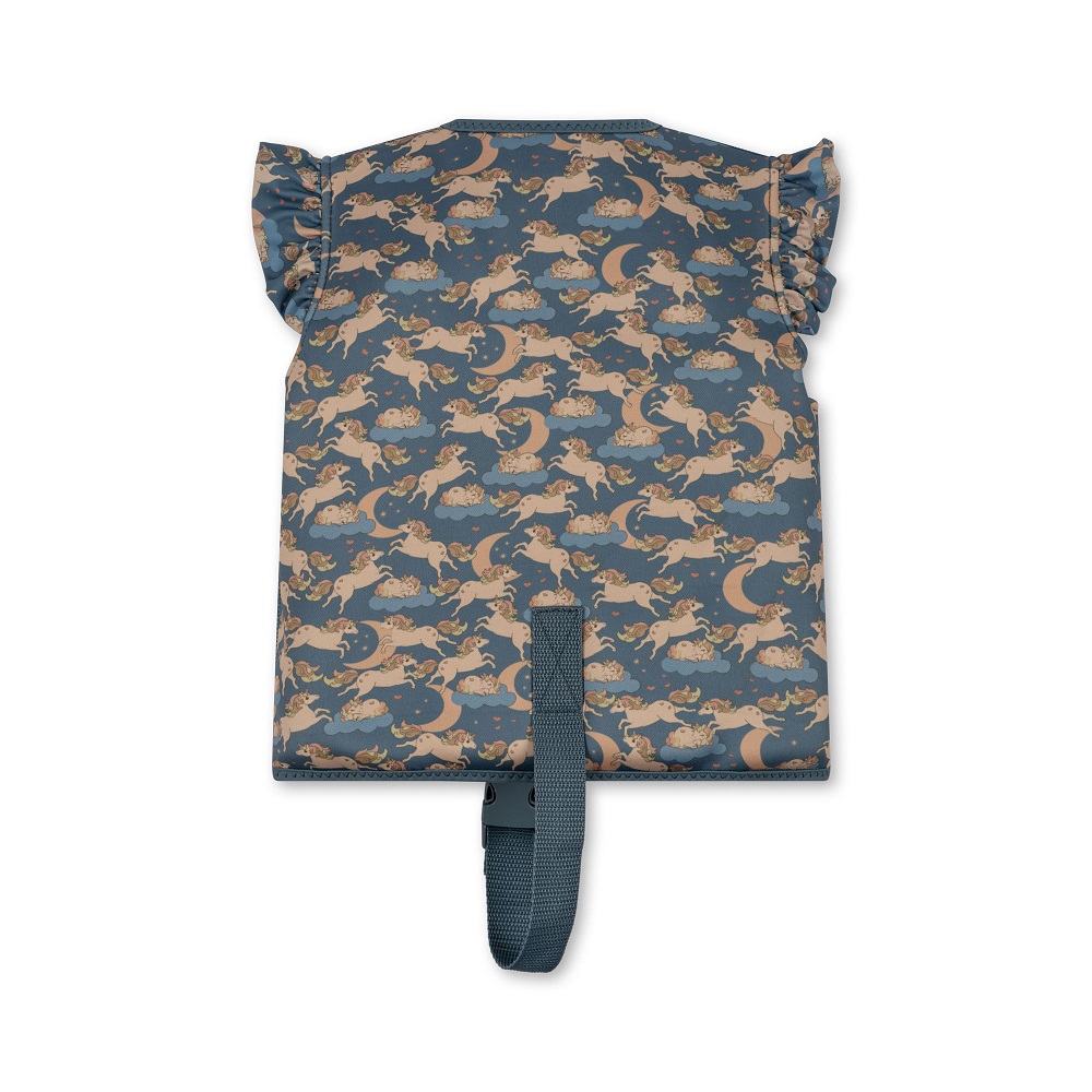 KS4445-NEOPRENE-FLOAT-VEST-FRILL-UNICORN-BLUE-Extra-1 Kinder-Rucksack, blau, Aufdruck von springenden Einhörnern, Wolken und Monden, Rüschen an den Seiten, verstellbarer Schulterriemen.