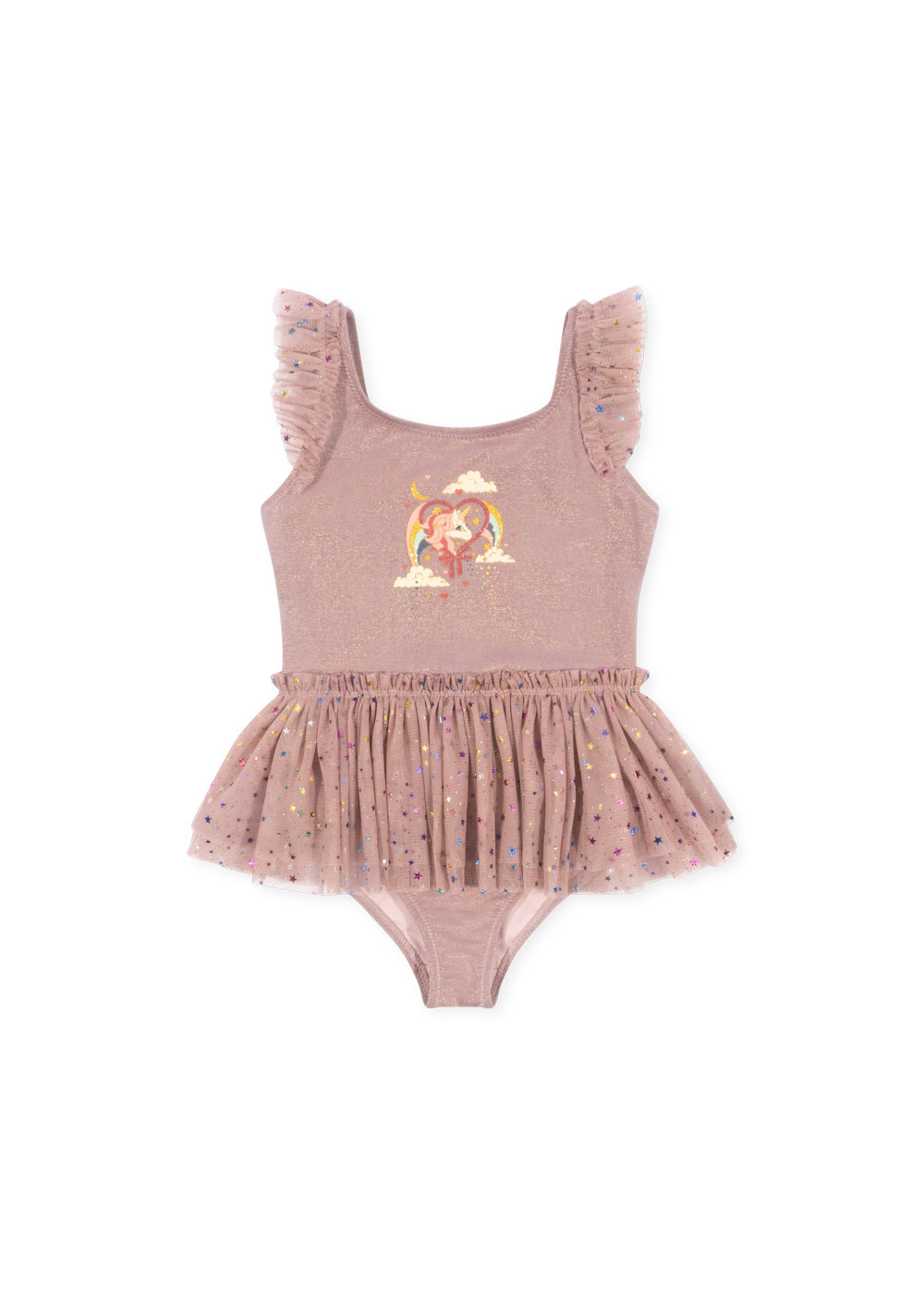 Kinder-Badeanzug, rosa, Rüschenärmel, Tüllrock, Aufdruck mit Einhorn und Regenbogen, glitzernde Sterne.