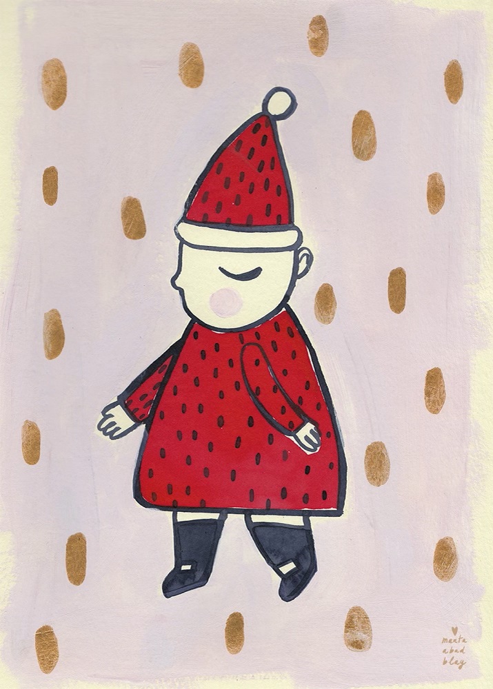 NOEL_web Illustration, Figur mit rotem Kleid und Mütze, geschlossene Augen, schwarzer Umriss, gepunkteter Hintergrund.