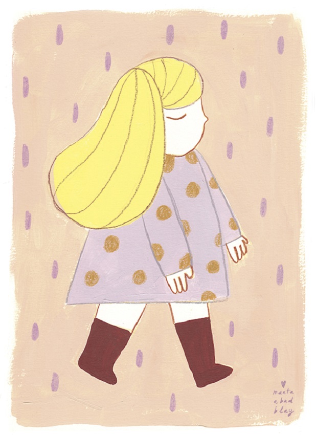 Mia Illustration eines Mädchens, helles langes Haar, fliederfarbenes Kleid mit braunen Punkten, rote Stiefel, pastellfarbener Hintergrund mit lila Punkten.