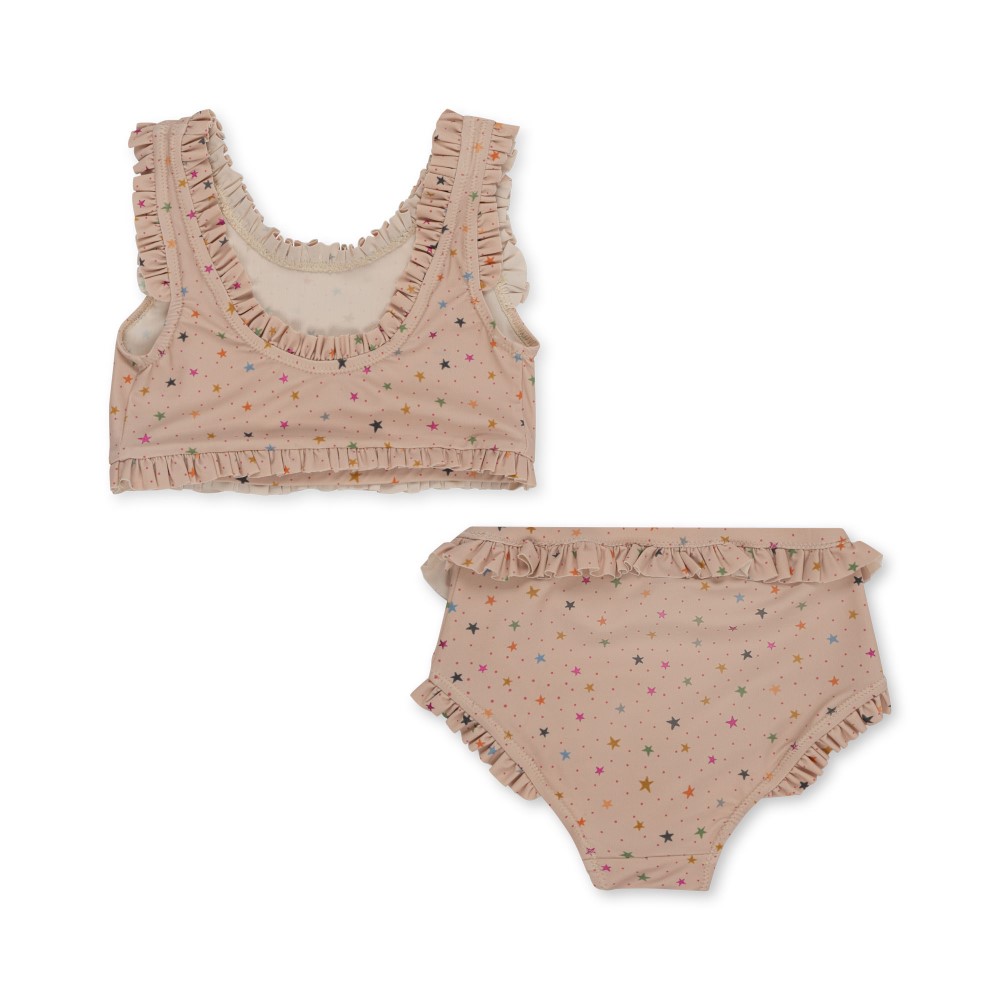 KS4723-TWINKLE-BIKINI-STAR-MULTI-Extra-1 Kinder-Bikini-Set, cremefarben, bunte Sterne, Rüschen an Trägern und Bündchen.