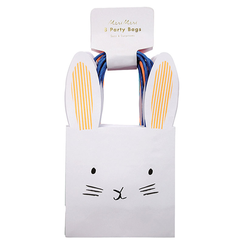 453107a Partytüte, Weiß, Hasengesicht-Aufdruck, lange Ohren, blaue und orange Schnurgriffe.