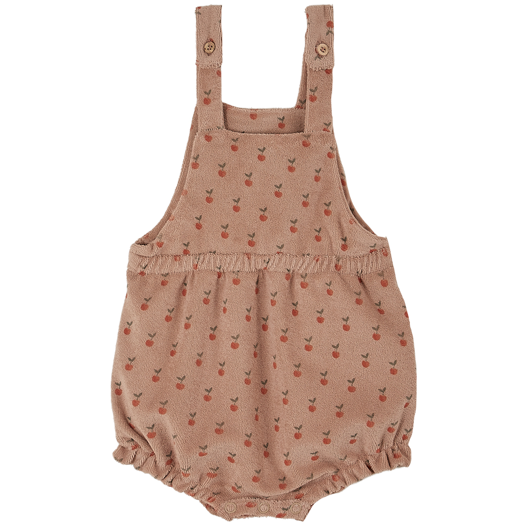 Baby-Strampler, ärmellos, verwaschenes Rosa, Kirsch-Muster, Knopfverschlüsse an den Trägern, geraffte Taille, Beinabschlüsse mit elastischem Bund.